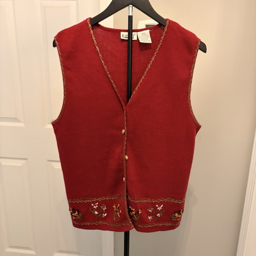 Vintage Capacity Red Embroidered Sweater Vest L Americana Grandmacore 90s Ramie